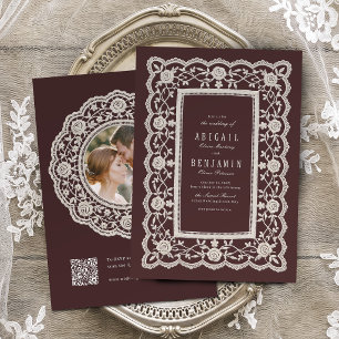 Invitation Mariage Classique Floral Vintage Dentelle Bourgogn
