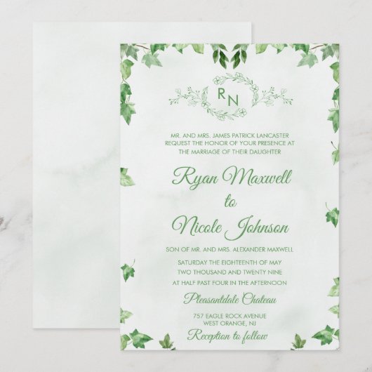 Invitation Mariage classique formel floral vert Monogramme (Devant / Derrière)