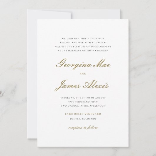 Invitation Mariage classique Gold et White Bold Script (Devant)