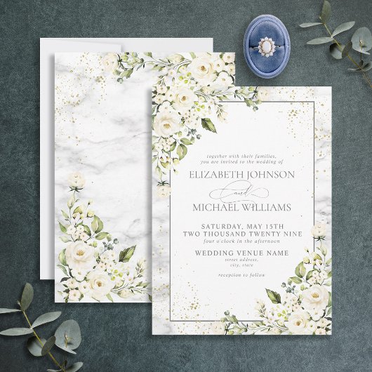Invitation Mariage classique gris clair blanc floral marbre o