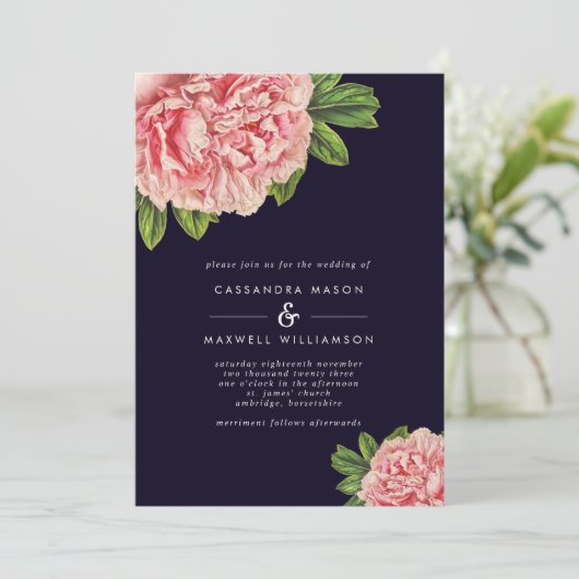 Invitation Mariage classique Marine & Pink Peony (Debout devant)