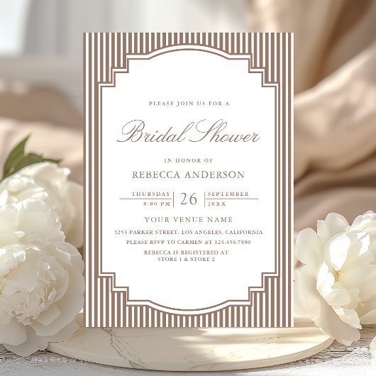 Invitation Mariage Classique Marron Rayé avec Photo