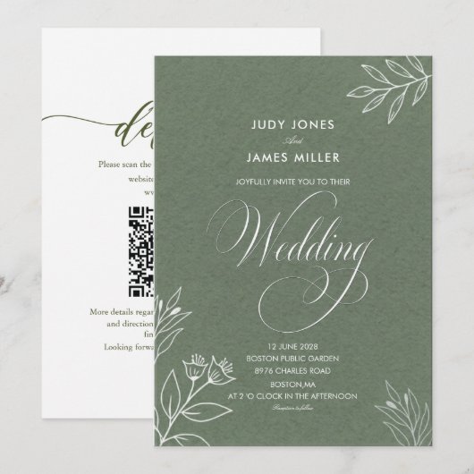 Invitation mariage classique minimal simple rustique vert sau (Devant / Derrière)