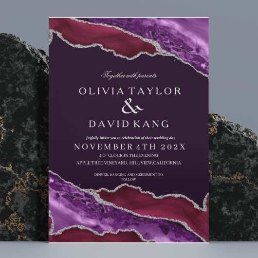 Invitation Mariage classique moderne bordeaux & violet argent