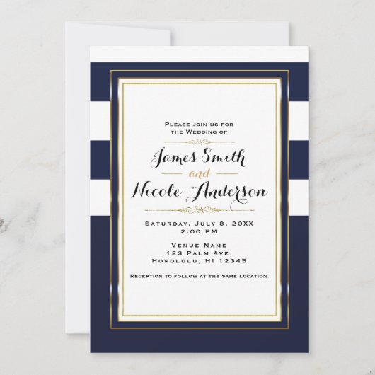 Invitation Mariage Classique Moderne Élégant Bleu et Or (Devant)