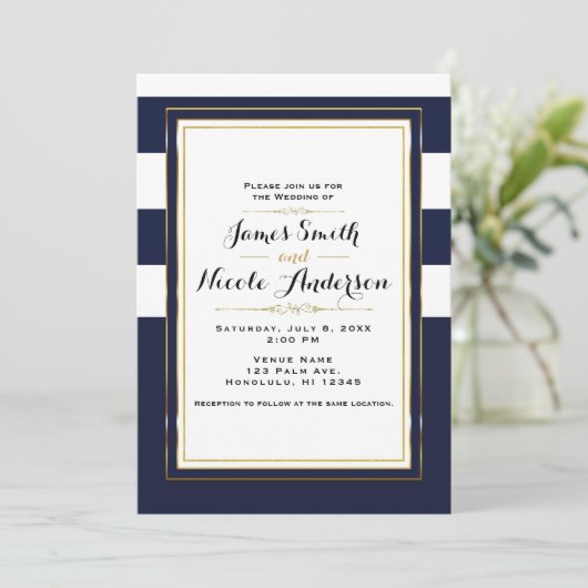 Invitation Mariage Classique Moderne Élégant Bleu et Or (Debout devant)