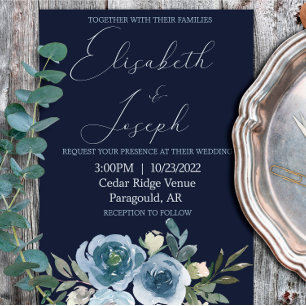 Invitation Mariage classique moderne Marine & Baby Blue Flora