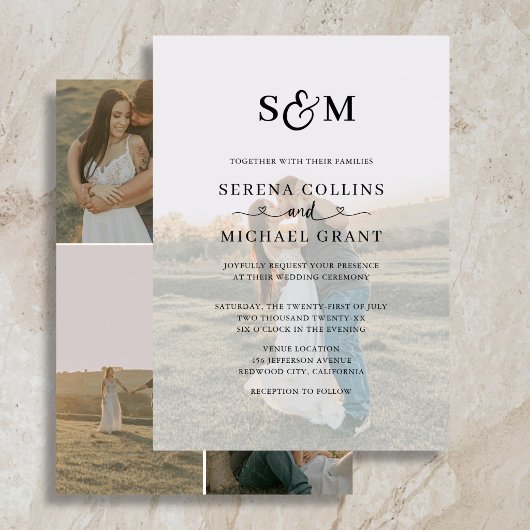 Invitation Mariage Classique Monogramme 5 Photo Cœur Script