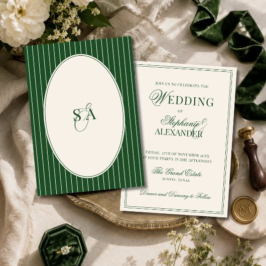 Invitation Mariage Classique Monogramme Argent Vert Émeraude