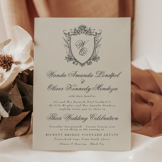 Invitation Mariage Classique Monogramme Beige Crête Florale F