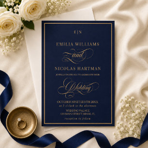 Invitation Mariage Classique Monogramme Bleu Cobalt et Or