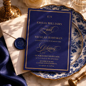 Invitation Mariage Classique Monogramme Bleu Cobalt Or