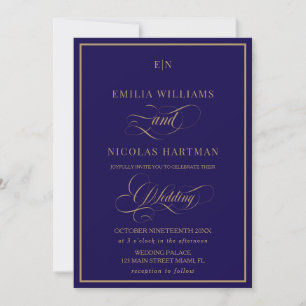 Invitation Mariage Classique Monogramme Bleu Cobalt Or
