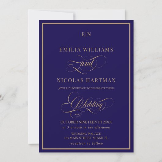 Invitation Mariage Classique Monogramme Bleu Cobalt Or (Devant)