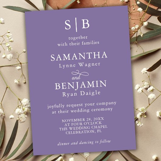 Invitation Mariage Classique Monogramme Initiales Lavande