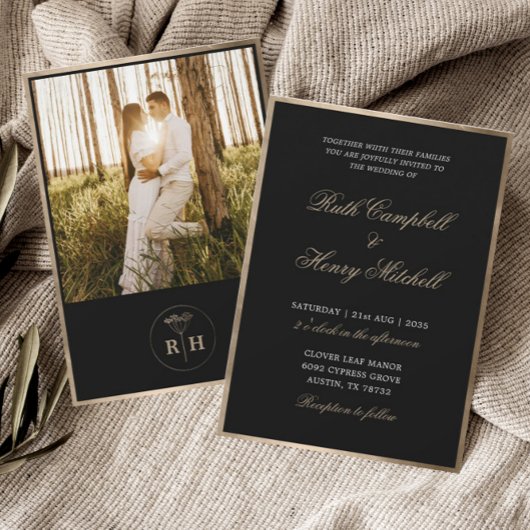 Invitation Mariage Classique Monogramme Noir Blanc & Or