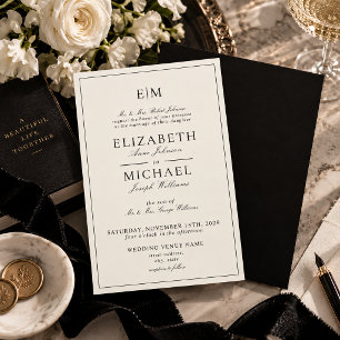 Invitation Mariage Classique Monogramme Noir Ivoire Vintage