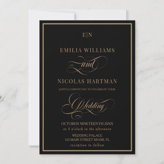 Invitation Mariage Classique Monogramme Or Noir (Devant)