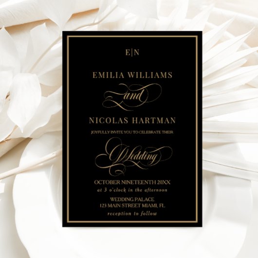 Invitation Mariage Classique Monogramme Or Noir
