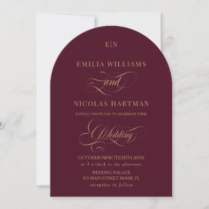 Invitation Mariage Classique Monogramme Rouge Foncé et Or