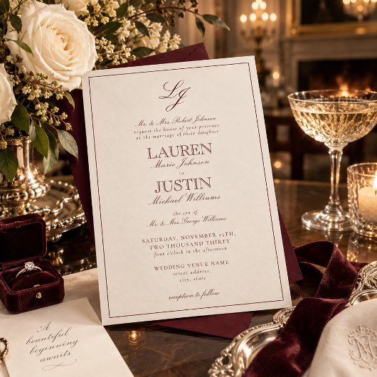 Invitation Mariage classique Monogramme Script Bourgogne Ivoi