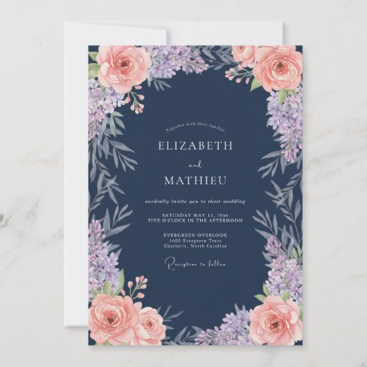 Invitation Mariage Classique Navy Fleur de Corail (Devant)