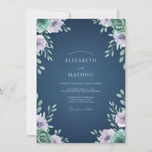Invitation Mariage Classique Navy Pervenche Pétales (Devant)