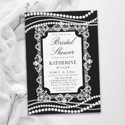 Invitation Mariage Classique Noir et Blanc Perles de Dentelle