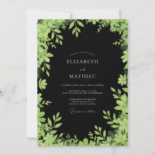 Invitation Mariage Classique Noir Feuillage Chartreuse (Devant)