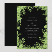 Invitation Mariage Classique Noir Feuillage Chartreuse (Devant / Derrière)