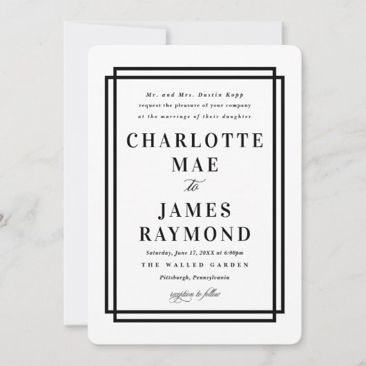 Invitation Mariage classique noir simple cadre (Devant)