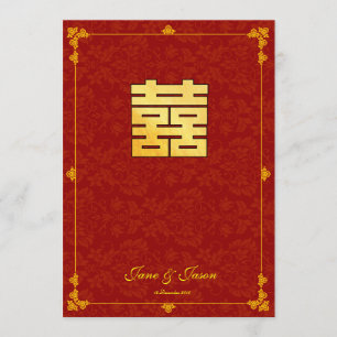 Invitation Mariage classique or rouge double bonheur RSVP