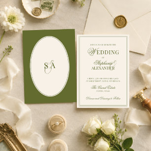 Invitation Mariage Classique Ovale Rétro Vert Olive Argent An