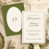 Invitation Mariage Classique Ovale Rétro Vert Olive Argent An