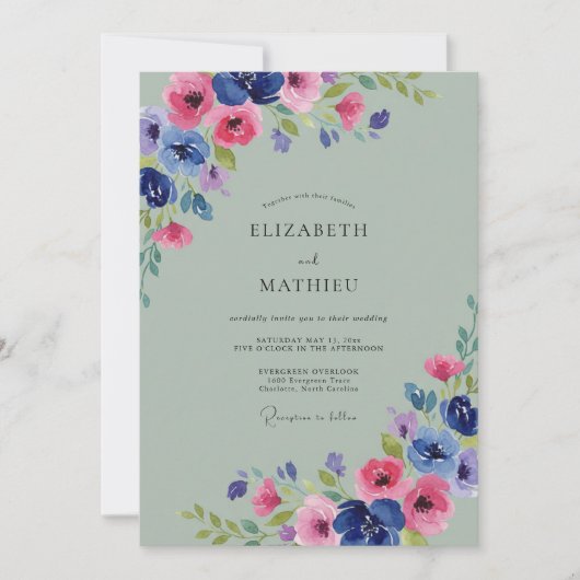 Invitation Mariage Classique Pétale Magenta Cobalt (Devant)