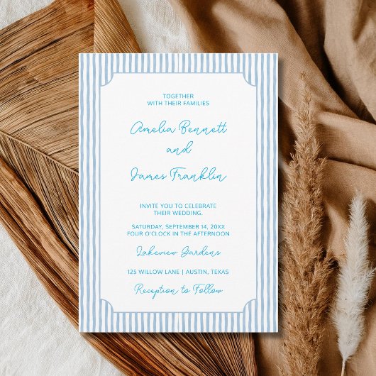 Invitation Mariage Classique Rayé Bleu Aquarelle