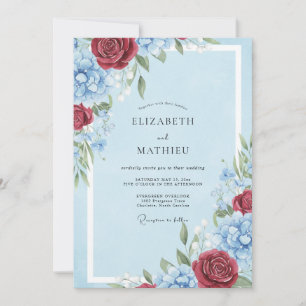 Invitation Mariage Classique Rose Bourguignon Bleu Pâle