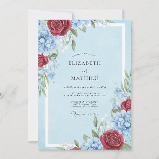 Invitation Mariage Classique Rose Bourguignon Bleu Pâle (Devant)
