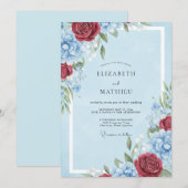 Invitation Mariage Classique Rose Bourguignon Bleu Pâle (Devant / Derrière)