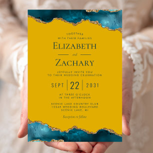 Invitation Mariage Classique Sarcelle Or Agate Jaune Moutarde