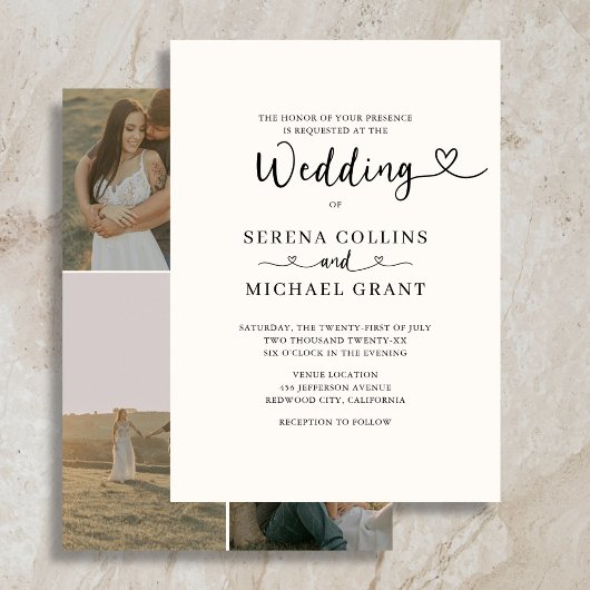 Invitation Mariage Classique Script Cœur 4 Photo Bordeaux