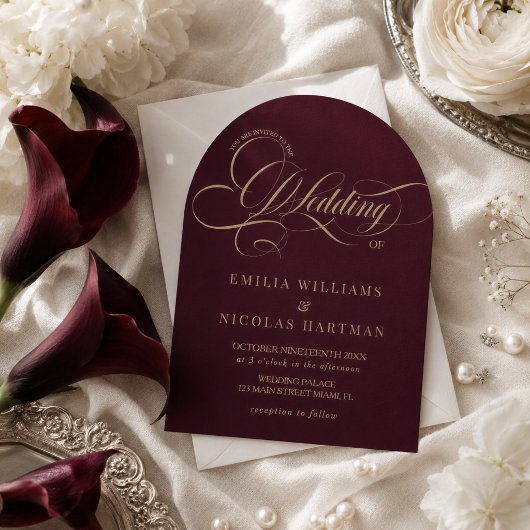 Invitation Mariage Classique Tout Compris Rouge Vin & Or