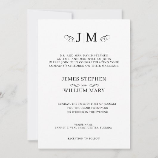 Invitation Mariage Classique Traditionnel Monogramme Calligra (Devant)
