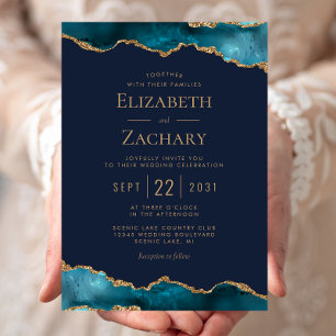 Invitation Mariage Classique Turquoise Or Agate Bleu Marine