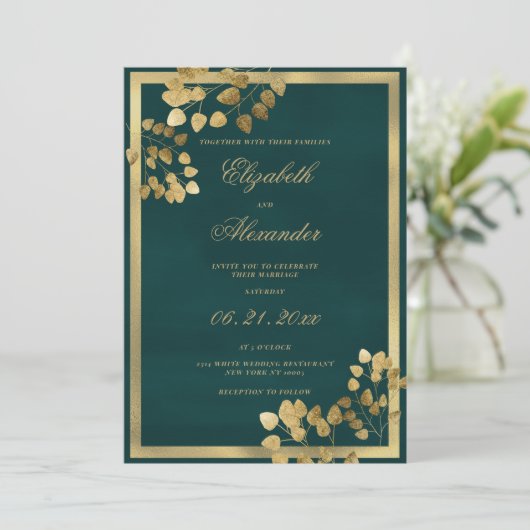 Invitation Mariage classique vert foncé eucalyptus élégant (Debout devant)