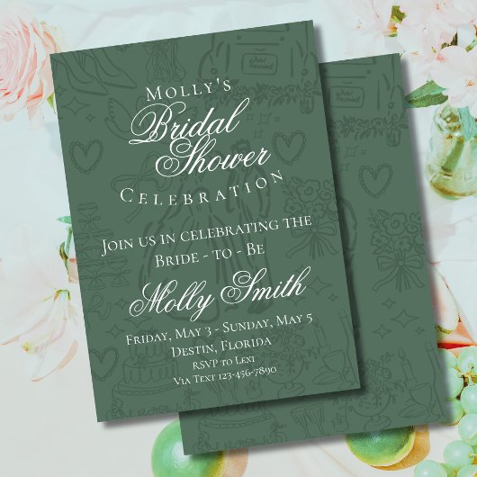 Invitation Mariage Classique Vert Main Dessinée Fête de Fianç