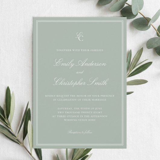 Invitation Mariage Classique Vert Sauge Élégant