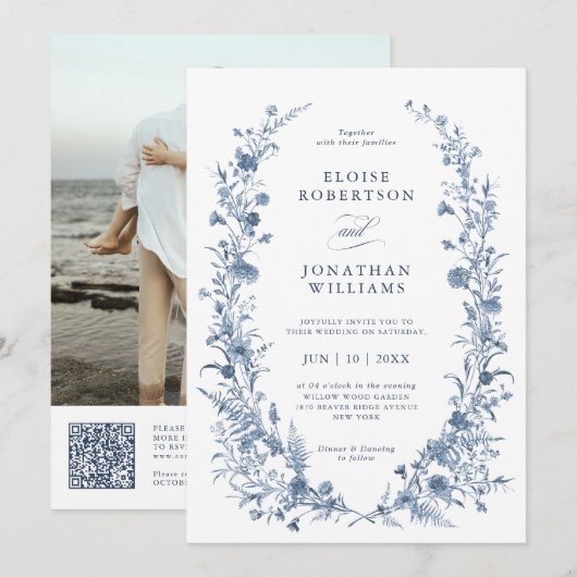 Invitation Mariage classique victorien bleu avec QR code fran (Devant / Derrière)