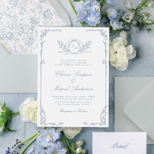 Invitation Mariage classique Vintage baroque victorien bleu