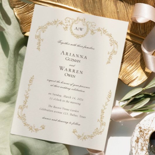 Invitation Mariage classique vintage or monogramme